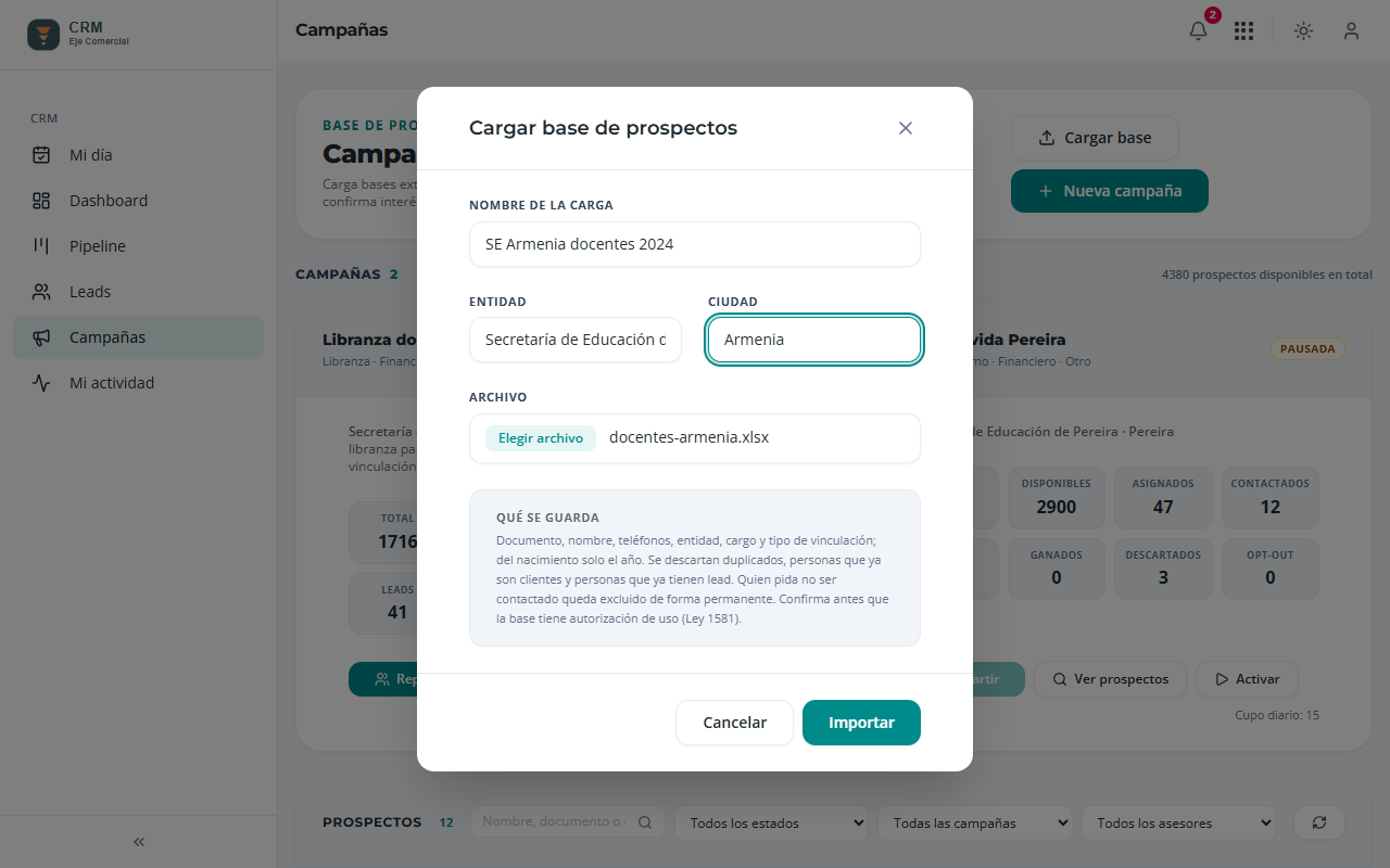 Formulario Cargar base de prospectos