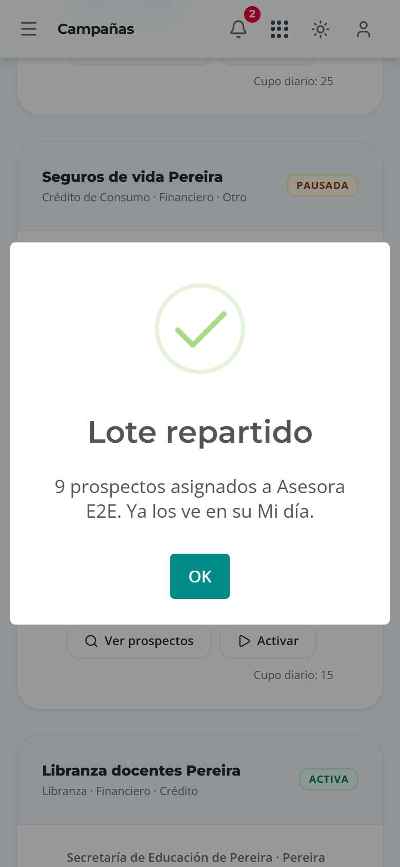 Confirmación del lote repartido, en el teléfono