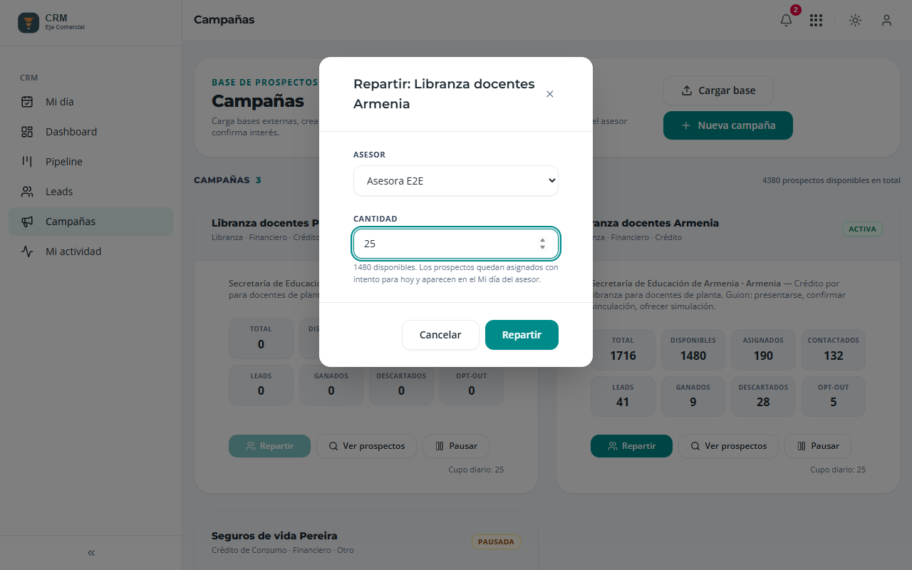 Diálogo Repartir con asesor y cantidad