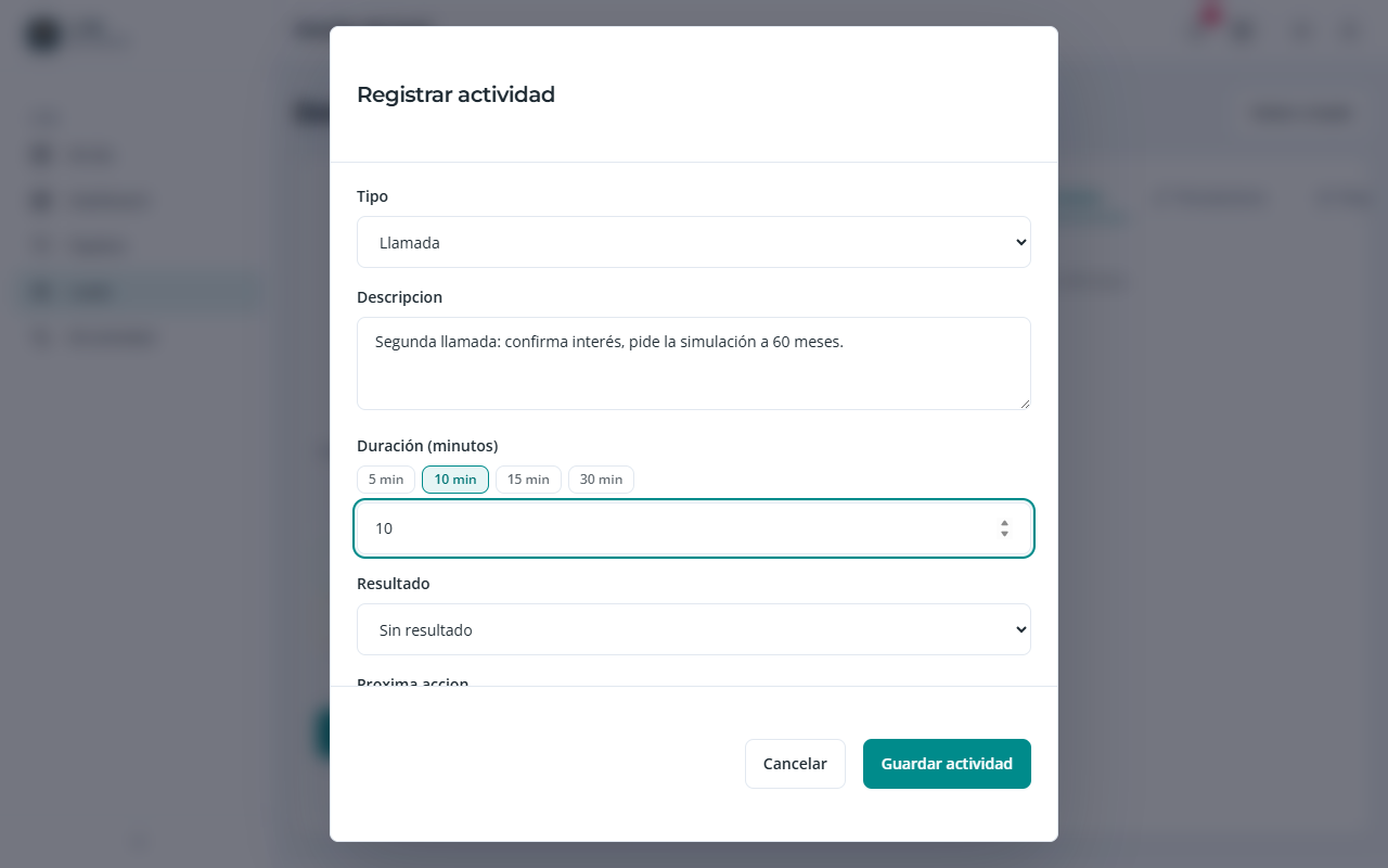 Formulario Registrar actividad con tipo, descripción, duración y próxima acción