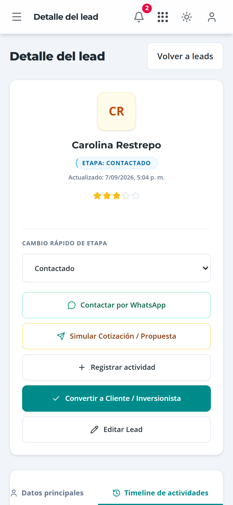 Pestaña Timeline de actividades con la próxima acción marcada, en el teléfono