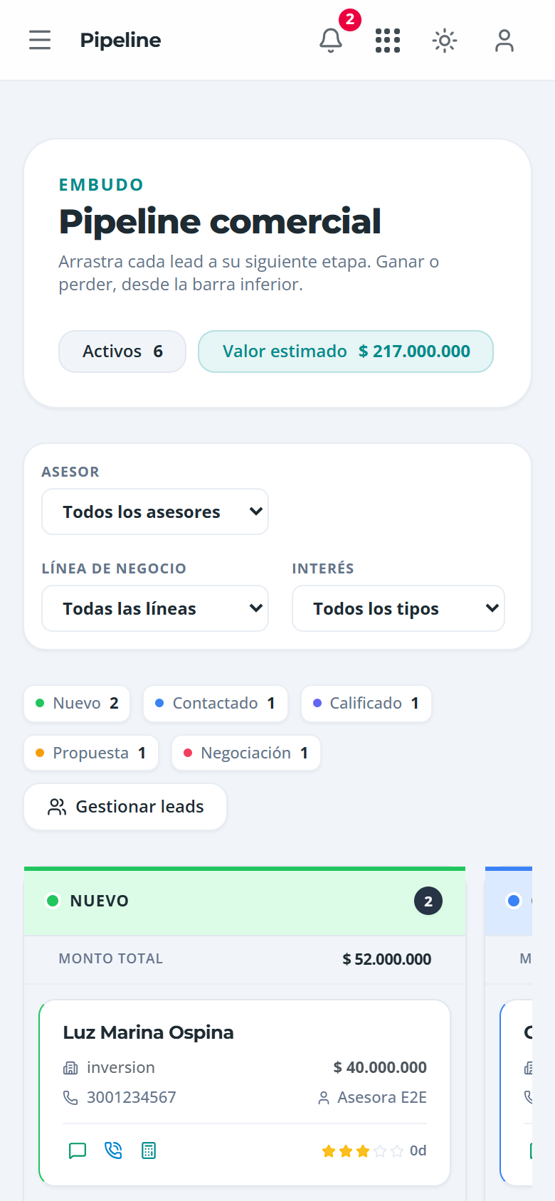 Pipeline con los leads de todo el equipo y el filtro por asesor, en el teléfono