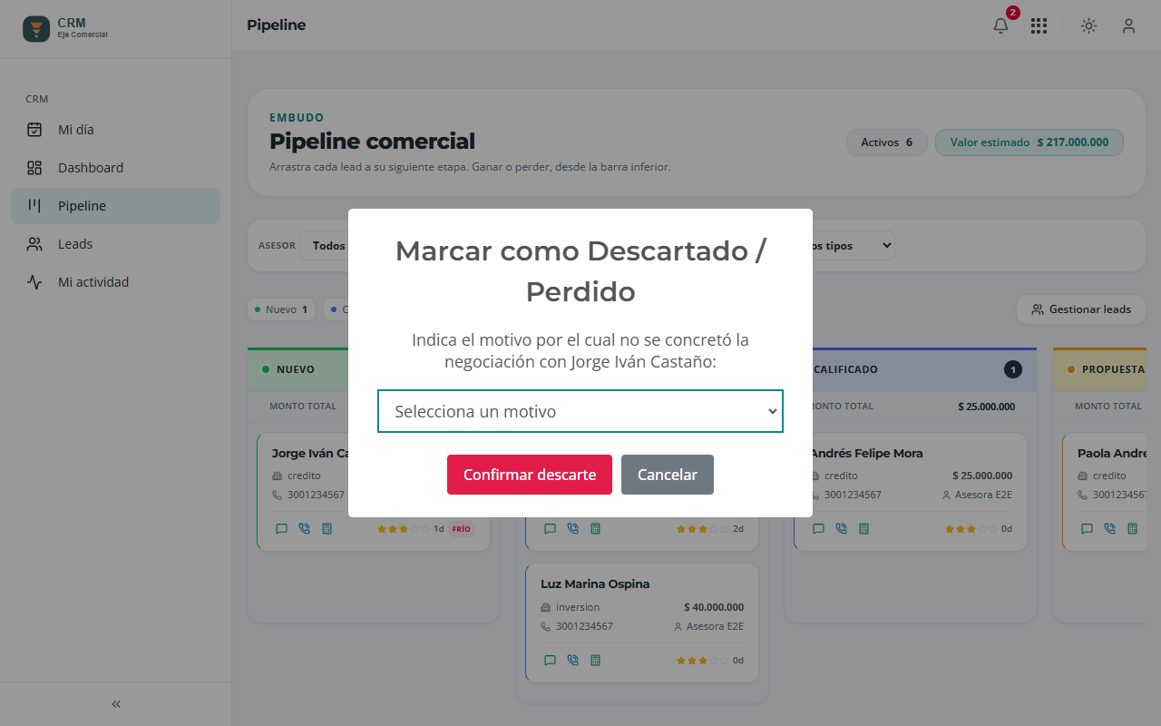 Diálogo que pide el motivo de pérdida