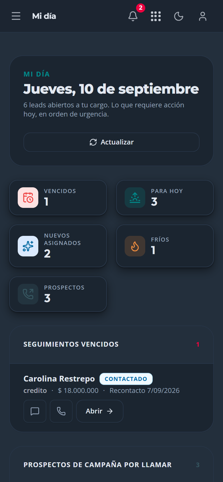 CRM en modo oscuro, en el teléfono